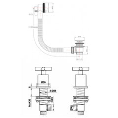 Bath overflow filler with deck-mounted side valve - Technical drawing