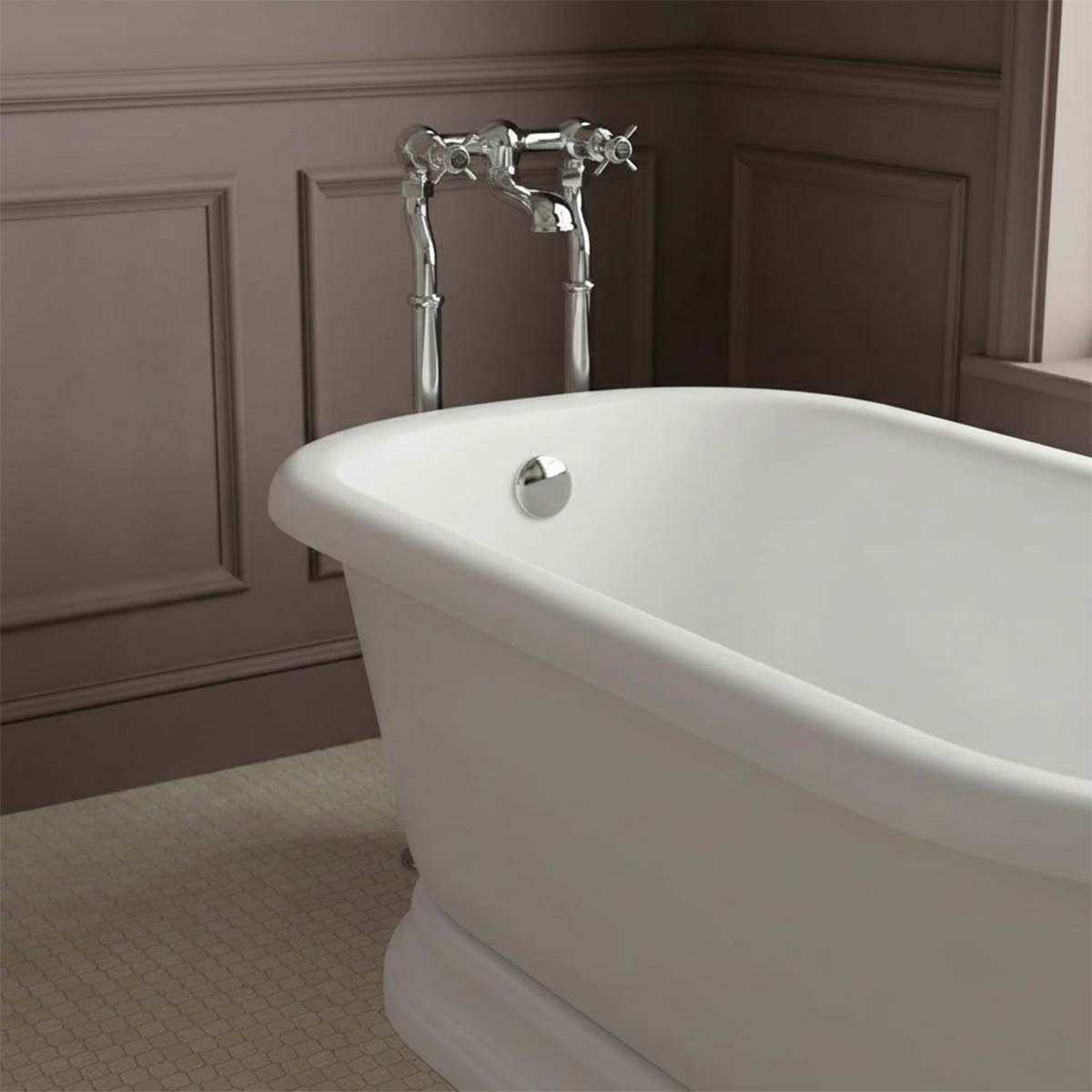 polished chrome freestanding bath tap with pinch handles
