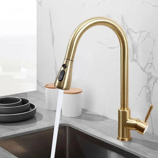 Brushed gold pull out kitchen tap 800