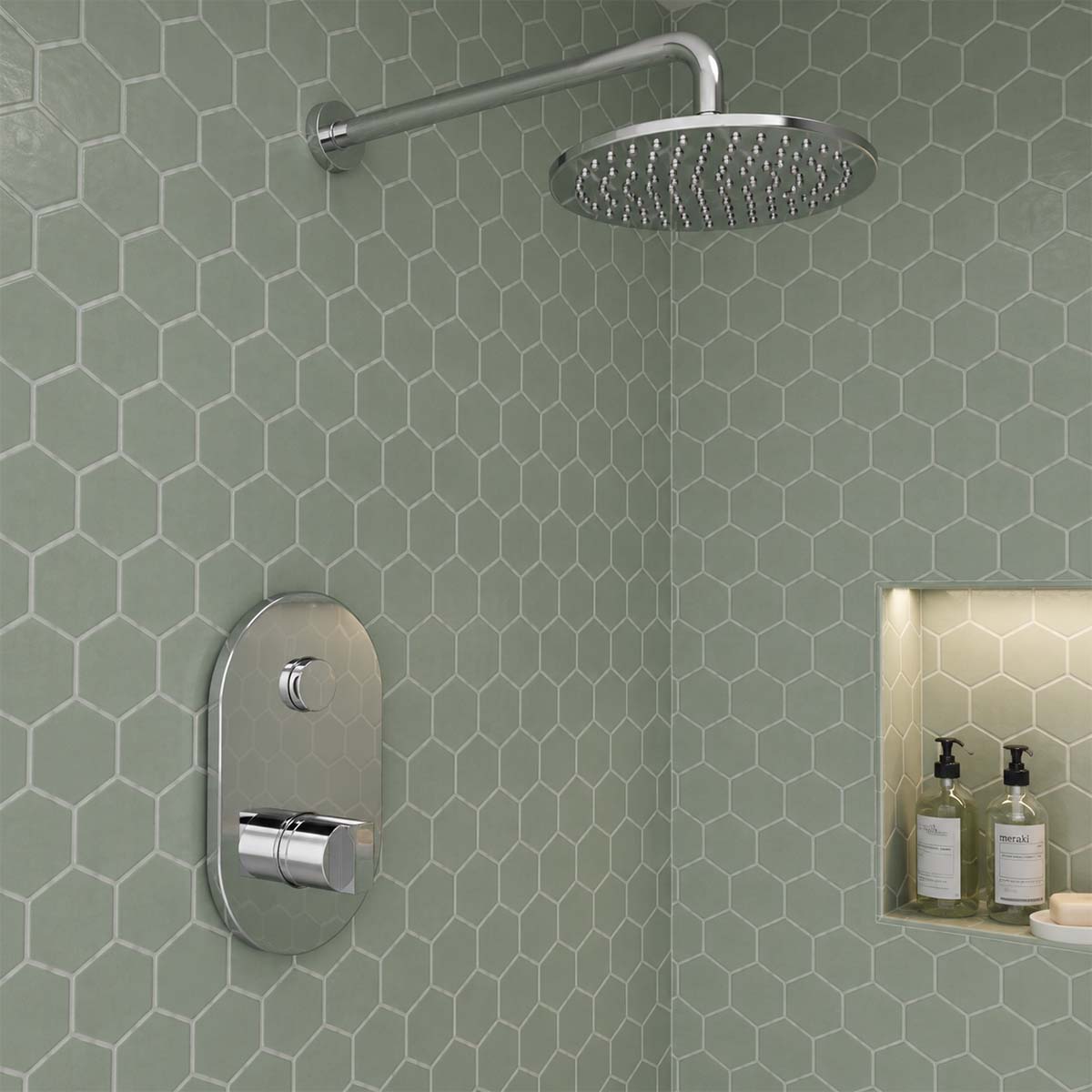 round overhead rain shower head and a wall-mounted chrome control valve with a single lever