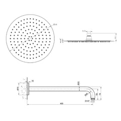 Brushed stainless steel shower head with arm - Technical Drawing