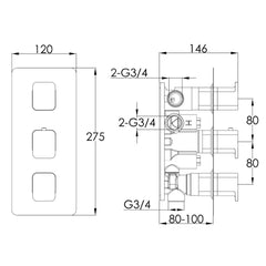 Three way thermostatic shower valve - Technical drawing