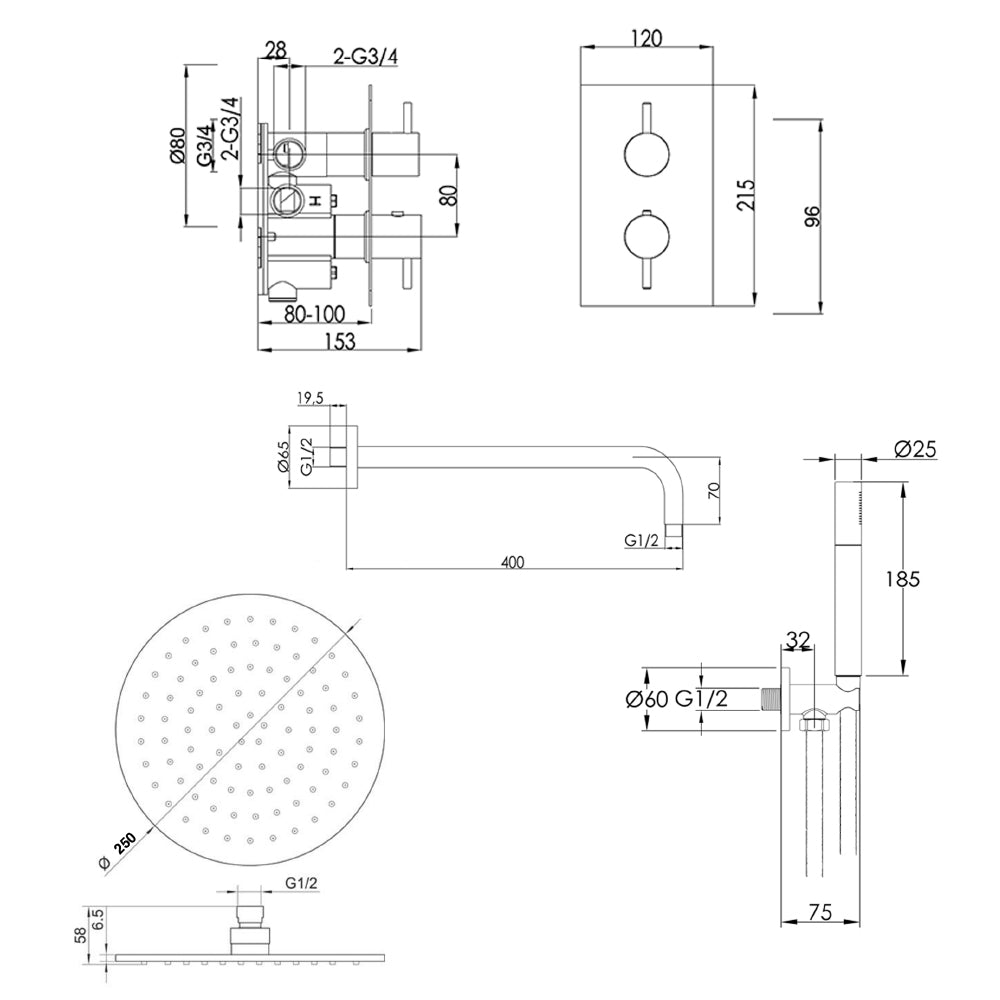 shower riser rail Technical Drawing