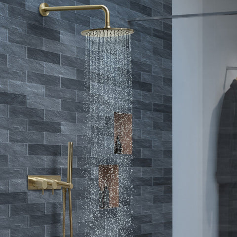 Gold Thermostatic Concealed 2 Outlet Shower Valve with Handset & Wall Mounted Shower Arm and Head Combo