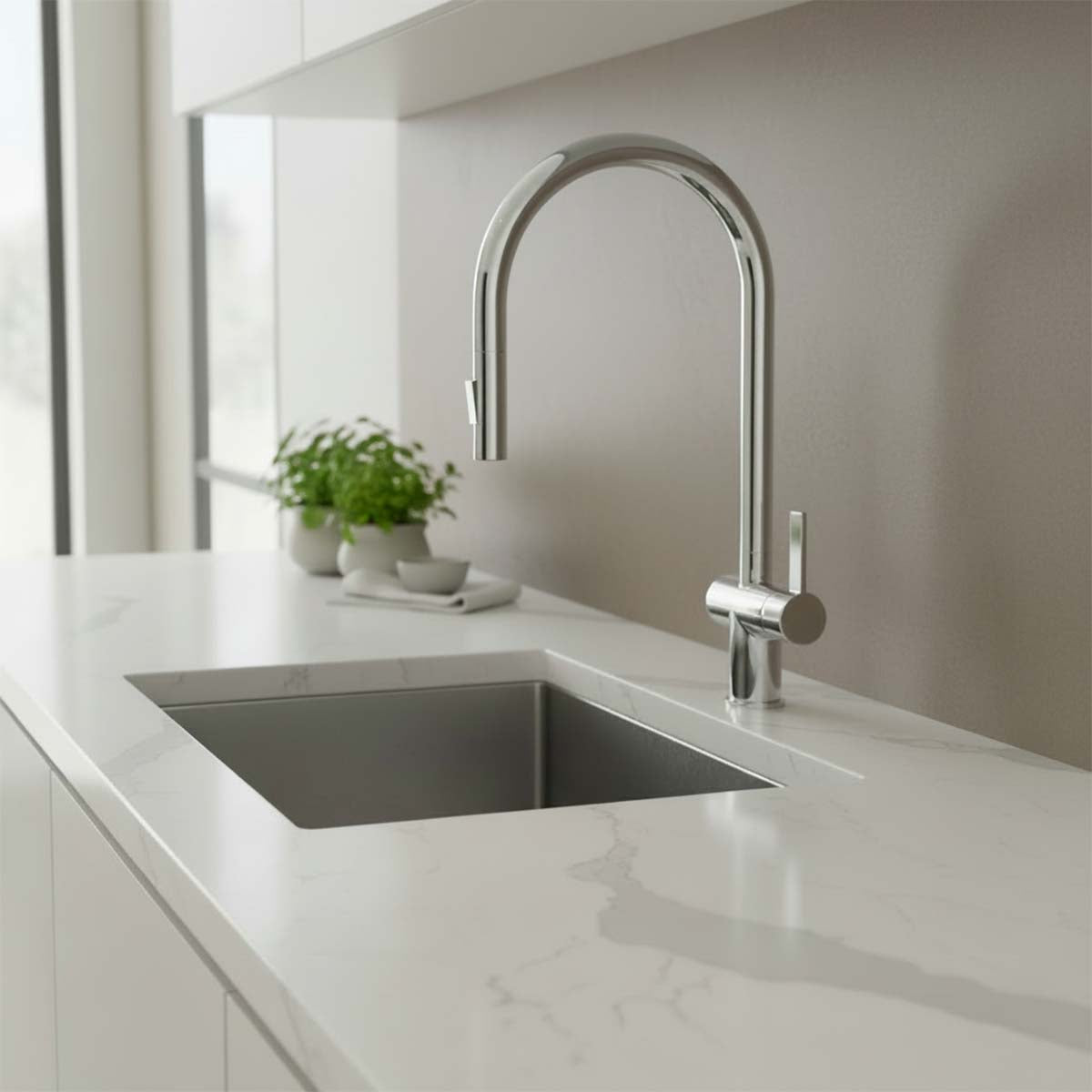chrome single lever kitchen tap with pull out spray