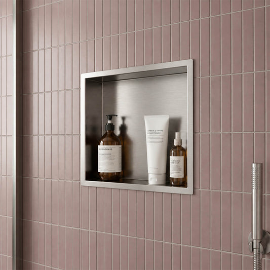 square chrome shower niche insert 300mm x 300mm 1200