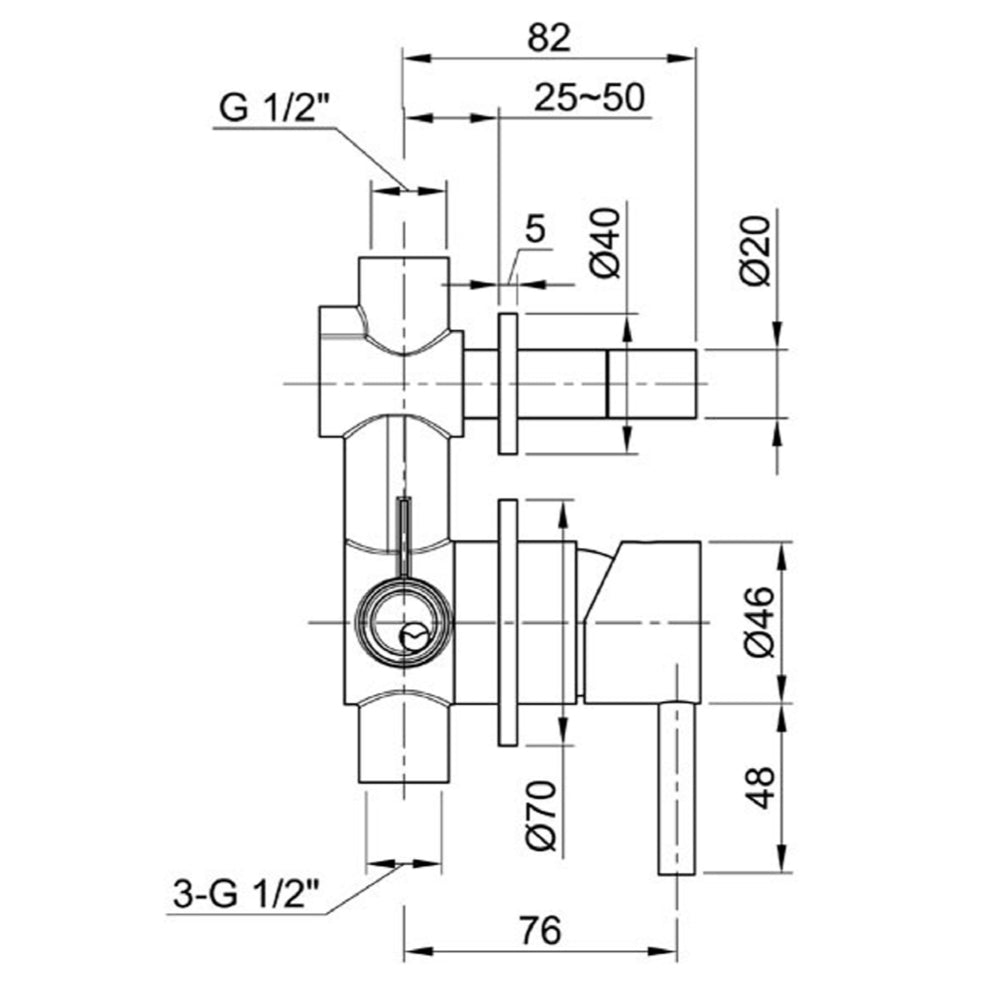 2 outlet thermostatic bar shower valve technical drawing-tapron