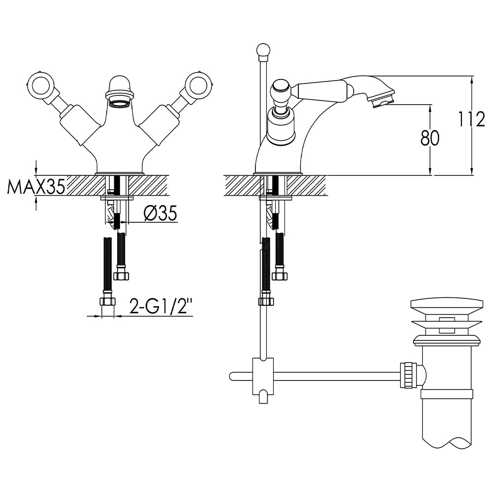 Black Twin Lever Basin Mixer Taps With Pop-up Waste