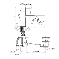 bathroom bidet mixer taps technical drawing-tapron