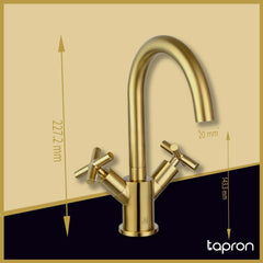 Brushed brass twin crosshead handle sink tap - Dimension