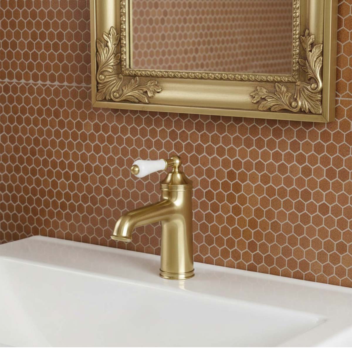 traditional basin tap with white ceramic lever- brushed brass Ireland 