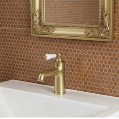 traditional basin tap with white ceramic lever- brushed brass Ireland 