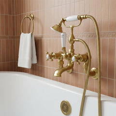 traditional brass wall mounted bath mixer tap with telephone handset - brushed brass