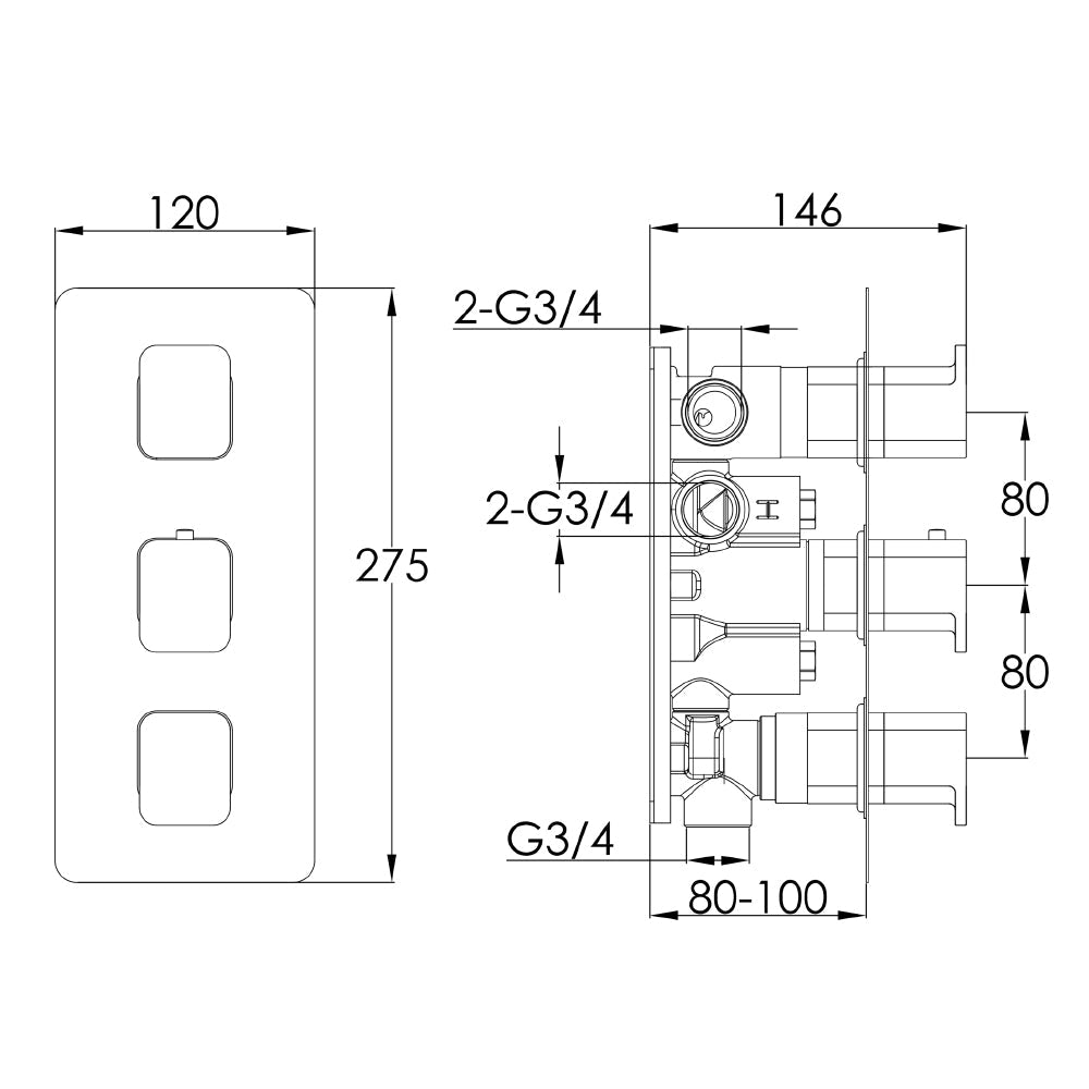 2 outlet thermostatic bar shower valve technical drawing-tapron