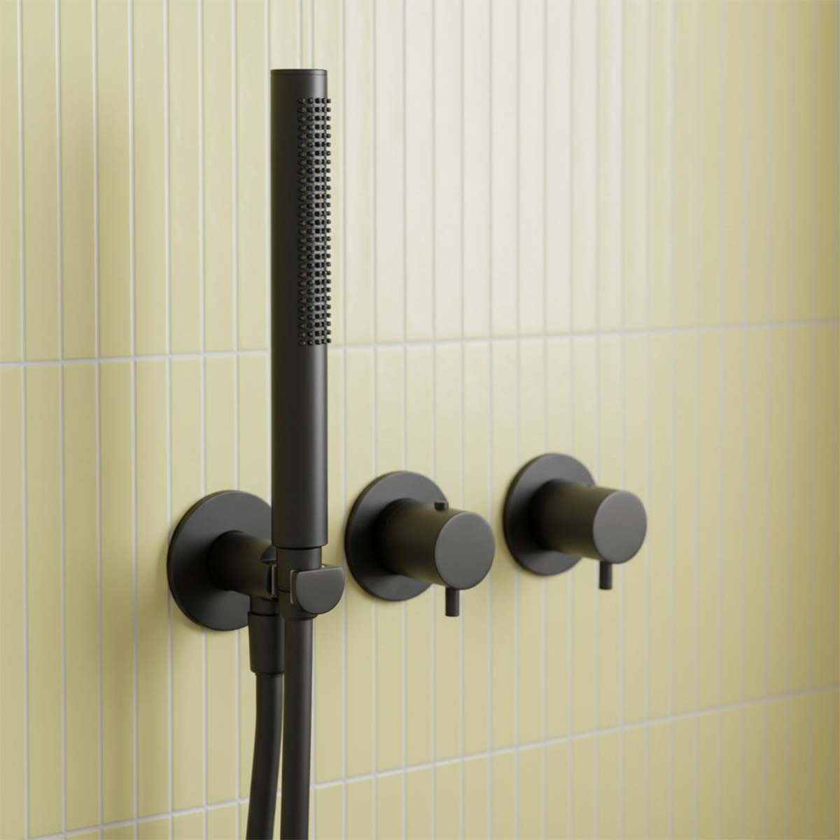 two outlet matt black shower set with a handheld shower head, andwall-mounted thermostatic shower valve