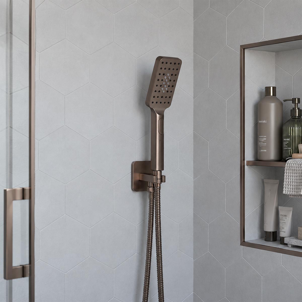 ulti Function Shower Handset with Hose and Water Outlet - Brushed Bronze