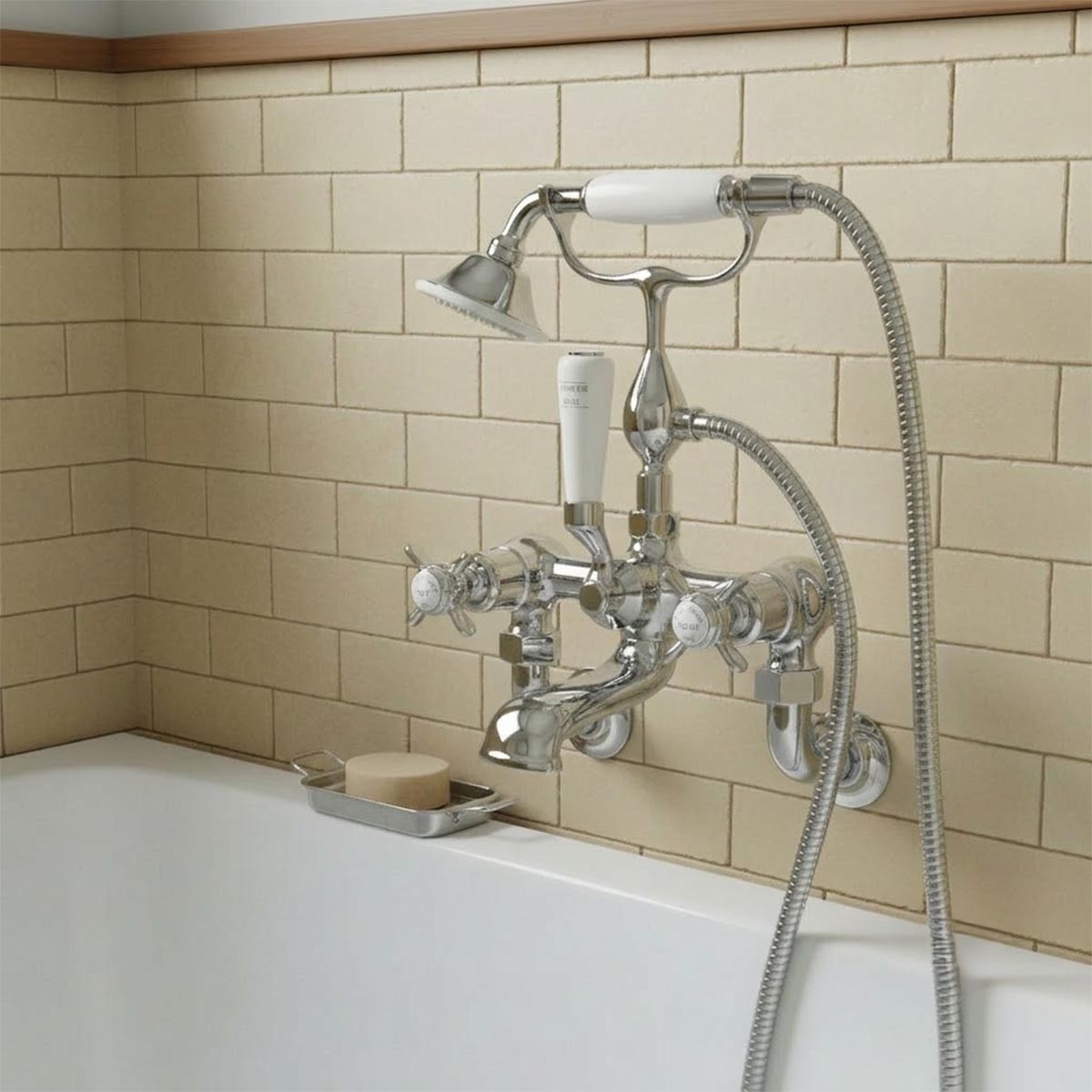 vintage-style chrome wall mounted bath filler with shower attachment set with a handheld shower 