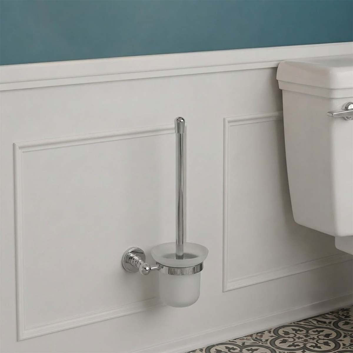 wall-mounted chrome toilet brush holder with a tall chrome handle and frosted white cup