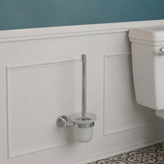 wall-mounted chrome toilet brush holder with a tall chrome handle and frosted white cup 1200