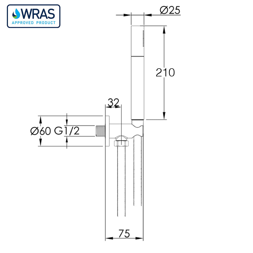 matt black slim shower handset technical drawing-tapron